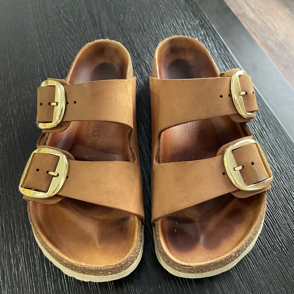 Birkenstock Brown Sandals with Gold Buckles